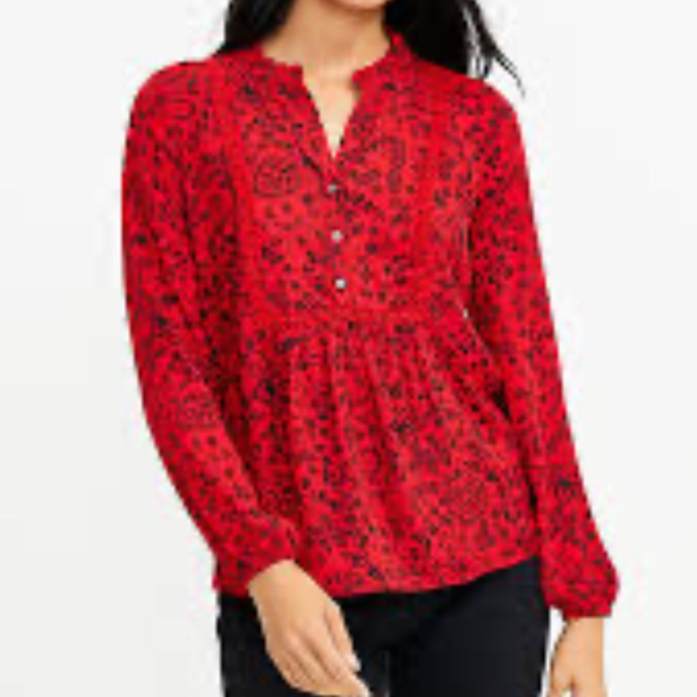 Loft Floral Lace Trim Black and Red Mixed Media Blouse Size M EUC